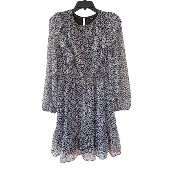 MNG by Mango, Shimmer Ruffled Long Sleeve Abstract Mini Dress, Black, White - Picture 3 of 11